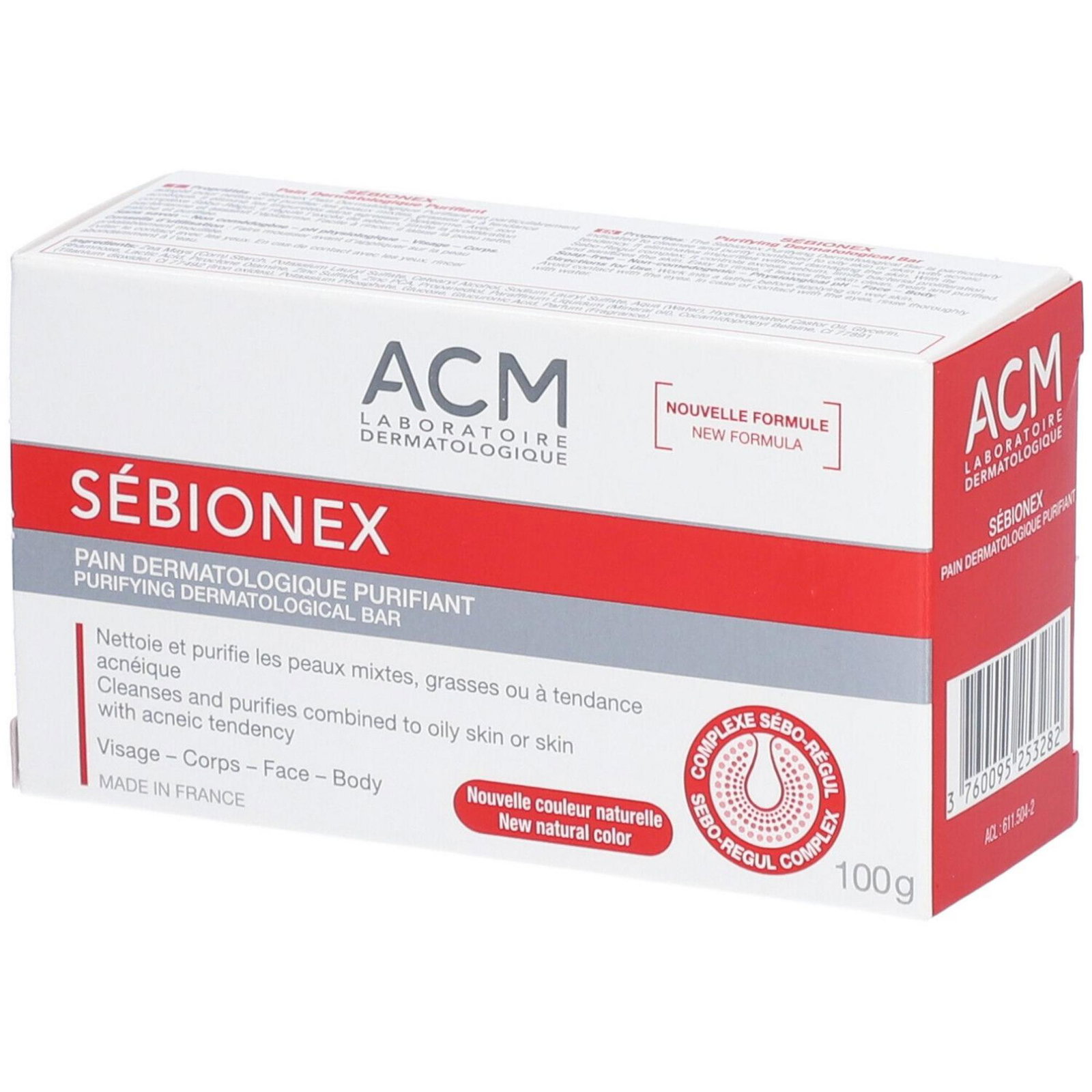 3760095253282-2-6976afb0969b9 Laboratoire ACM, Sebionex, Zuiveren, Reinigingsstaaf, Voor gezicht, 100 g - Afbeelding 1