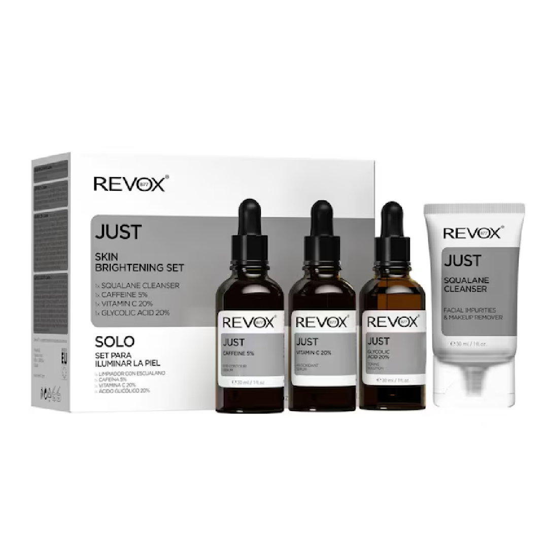 6846e608ee9e41749476872 Skin Brightening Set Revox B77: Just, Caffeine 5%, Anti-Dark Circles, Day, Eye Serum, 30 ml + Just, Vitamin C 2%, Anti-Oxidant, Serum, For Face, 30 ml + Just, Glycolic Acid 20%, Toning, Serum, For Face, 30 ml + Just, Squalane, Eliminates Impurities, Cleansing Cream, 30 ml - Afbeelding 1
