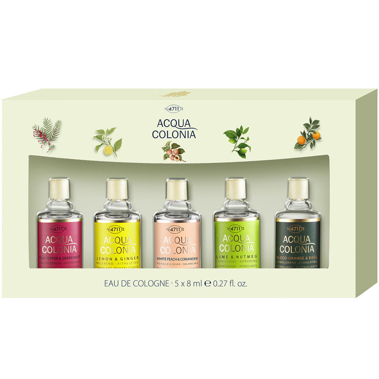 68f5cf686ee2b1760939880 Set 4711: Acqua Colonia Lemon & Ginger, Eau De Cologne, Unisex, 8 ml + Acqua Colonia Lychee & White Mint, Eau De Cologne, Unisex, 8 ml + Acqua Colonia Lime & Nutmeg, Eau De Cologne, Unisex, 8 ml + Acqua Colonia Blood Orange & Basil, Eau De Cologne, Unisex, 8 ml + Acqua Colonia White Peach & Coriander, Eau De Cologne, Unisex, 8 ml - Afbeelding 1