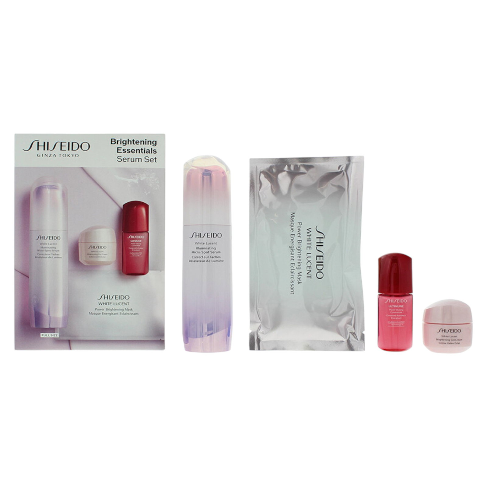 68ff1fcd9f24b1761550285 Set Shiseido: Brightening Essentials, Pigment-Correcting, Serum, For Face, 50 ml + Brightening Essentials, Hydrating, Serum, For Face, 10 ml *Miniature + Brightening Essentials, Hydrating, Gel Cream, For Face & Neck, 15 ml + Brightening Essentials, Hydrating, Sheet Mask, For Face - Afbeelding 1