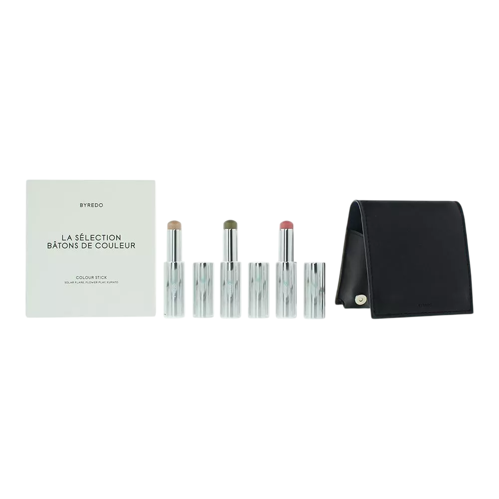 6964b1c6d1f3a1768206790 Dark Blue Set Byredo: Colour Stick, Multifunctional, Eyeshadow Stick, 509, Solar Flare, 3.5 g + Colour Stick, Multifunctional, Eyeshadow Stick, Kumato Face, 3.5 g + Colour Stick, Multifunctional, Eyeshadow Stick, Flower Play, 3.5 g + Byredo, GWP Leather Pouch - Afbeelding 1