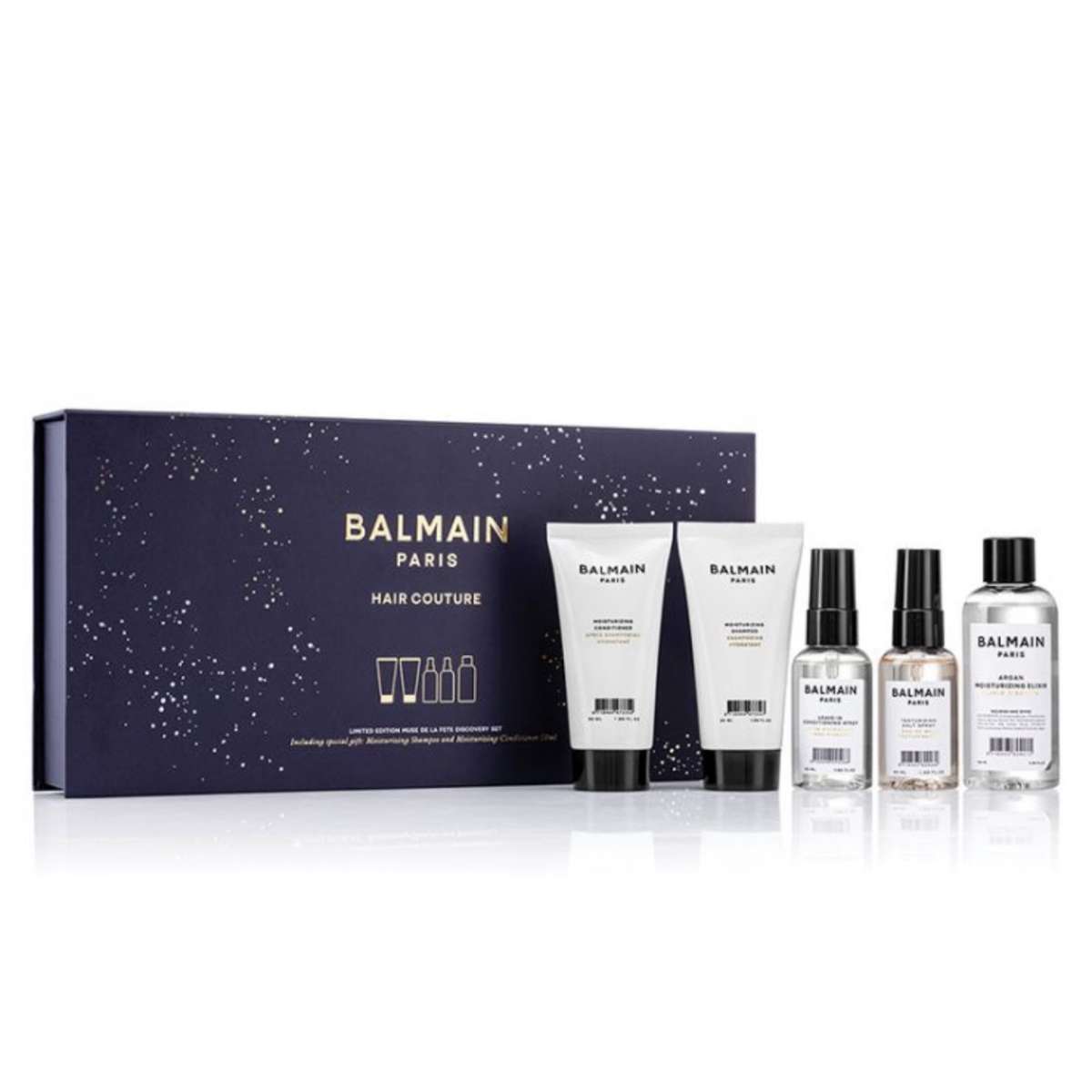 69eb443e8e5881777026110 Set Balmain Professionnel: Moisturizing, Hair Shampoo, For Hydration, 50 ml + Moisturizing, Hair Conditioner, For Hydration, 50 ml + Balmain Professionnel, Salt Spray, For Definition & Texture, Light Hold, 50 ml + Argan Moisturising Elixir, Hair Oil, For Nourishing, 100 ml + Balmain Professionnel, Argan Oil, Hair Leave-In Conditioner, For Hydrate/Detangle & Shine, 50 ml - Afbeelding 1