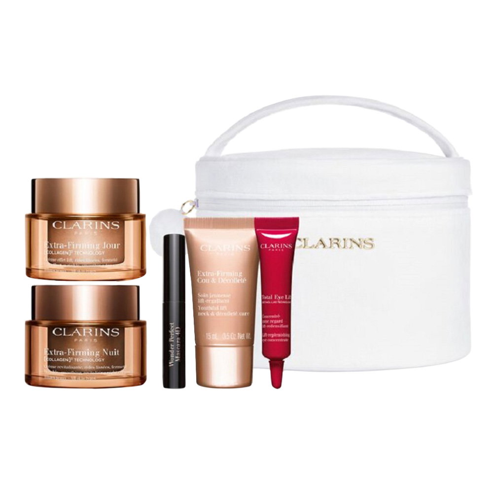 69f0a01f646751777377311 Set Clarins: Extra-Firming, Anti-Ageing, Day, Cream, For Face, 50 ml + Extra-Firming, Anti-Wrinkle, Night, Cream, For Face, 50 ml + Extra-Firming, Firming, Cream, For Neck & Decollete, 15 ml + Total Eye, Lift, Eye Serum, 7 ml + Wonder Perfect, Volumizing, Mascara, 01, Black, 4 ml *Miniature + Clarins, Zippered, GWP Textile Pouch, White - Afbeelding 1