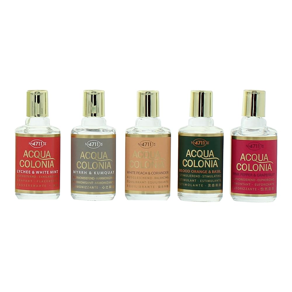69fdc485130361778238597 Set 4711: Acqua Colonia Lychee & White Mint, Eau De Cologne, Unisex, 8 ml + Acqua Colonia Myrrh & Kumquat, Eau De Cologne, Unisex, 8 ml + Acqua Colonia White Peach & Coriander, Eau De Cologne, Unisex, 8 ml + Acqua Colonia Blood Orange & Basil, Eau De Cologne, Unisex, 8 ml + Acqua Colonia Pink Pepper & Grapefruit, Eau De Cologne, Unisex, 8 ml - Afbeelding 1