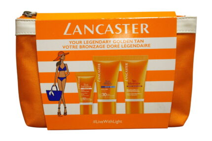 Gift Set Lancaster: Sun Beauty, Sun Protection, Body Milk, SPF 30, For Face & Body, Before Sun Exposure, 15 ml *Sample + Sun Sensitive, Sun Protection, Sunscreen Cream, For Face & Body, SPF 50+, 3 ml *Sample + Lancaster, Trousse de toilette, GWP Textile Pouch