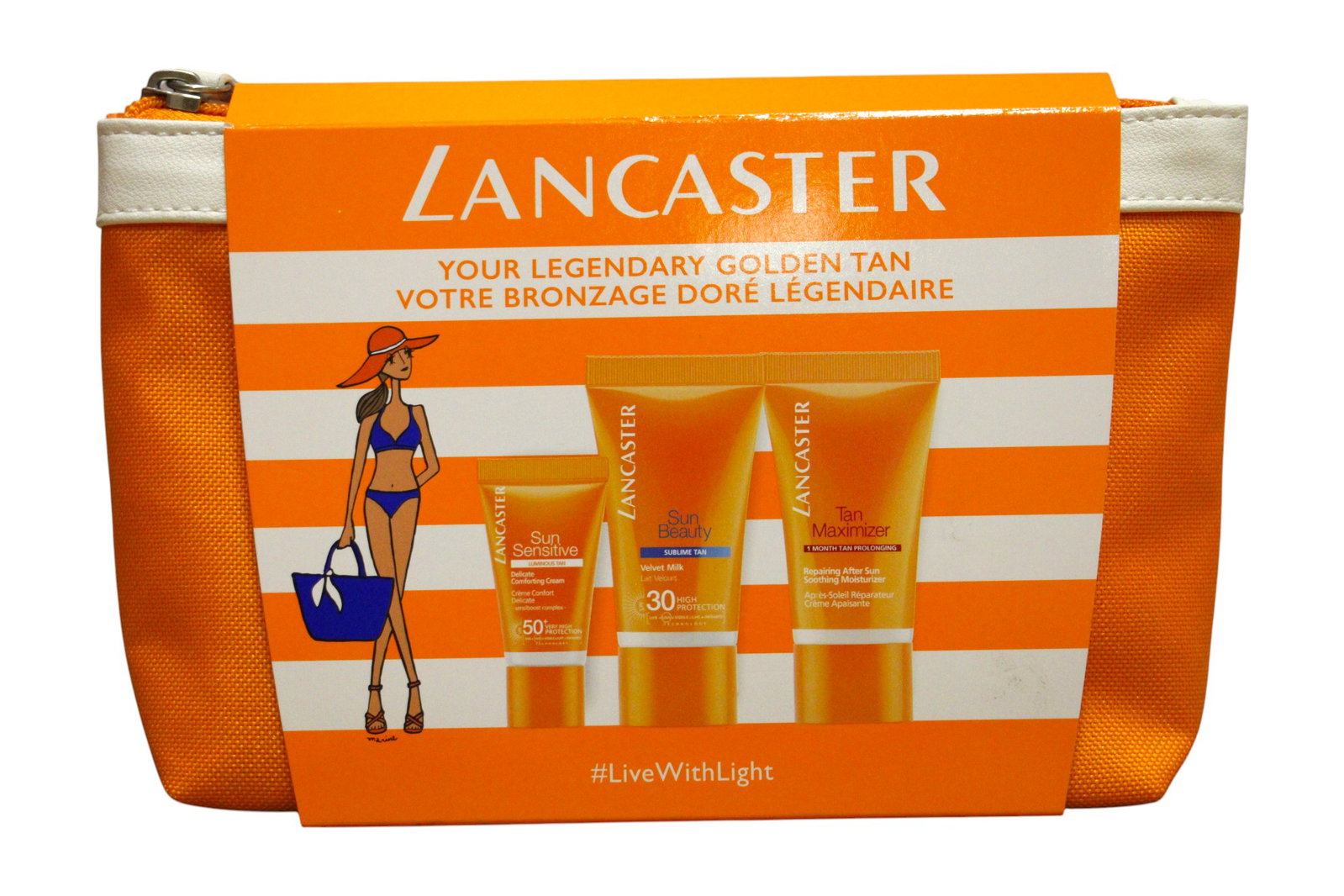 6a2fd58b0d3841781519755 Gift Set Lancaster: Sun Beauty, Sun Protection, Body Milk, SPF 30, For Face & Body, Before Sun Exposure, 15 ml *Sample + Sun Sensitive, Sun Protection, Sunscreen Cream, For Face & Body, SPF 50+, 3 ml *Sample + Lancaster, Trousse de toilette, GWP Textile Pouch - Afbeelding 1