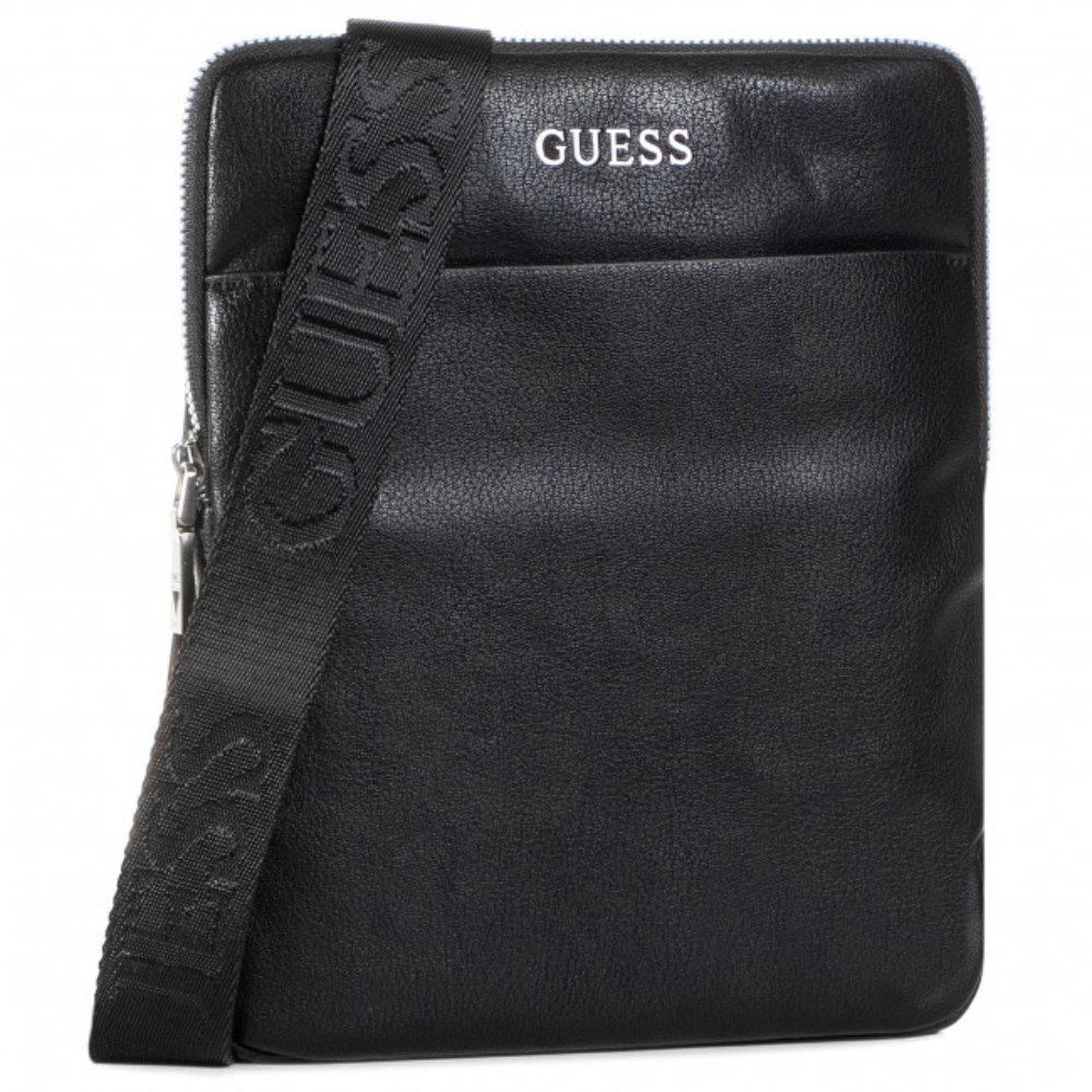 guess-scala-leather-flat-top-zip-crossbody-bag-black-for-men-1678176856 Guess, Scala, Platte top met rits, Textiel schoudertas, Zwart, Voor mannen - Afbeelding 1