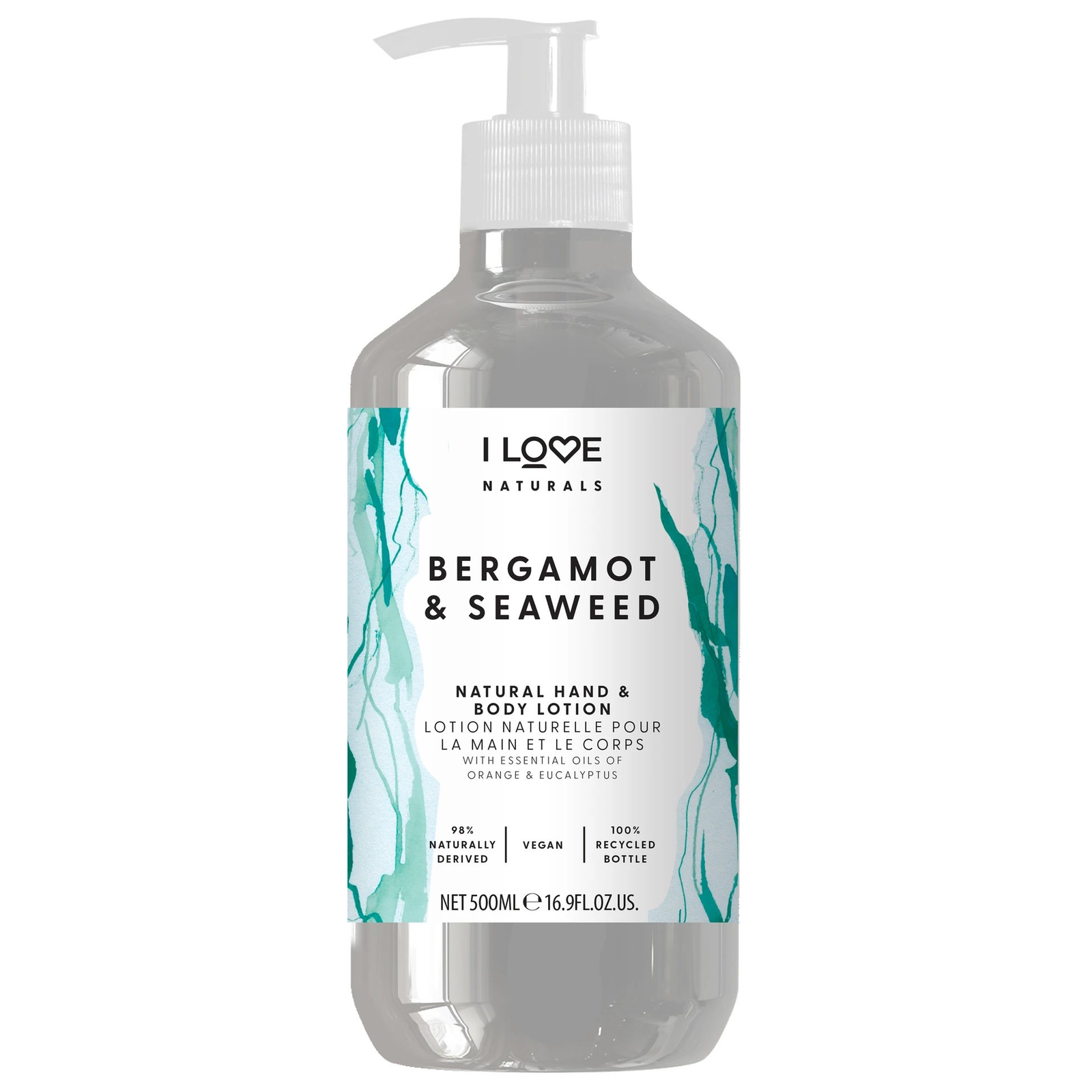 i-love-bergamot-seaweed-hydrating-body-lotion-for-hands-body-500-ml-1675241643-1 I Love, Naturals Collection, Veganist, Hydraterend, Bergamot & Zeewier, Lotion, Voor handen & lichaam, 500 ml - Afbeelding 1