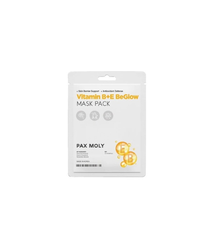paxmoly-be-glow-vitamin-b-e-brightening-illuminating-sheet-mask-face-day-night-25-ml-1788431989 PaxMoly, Be Glow, Vitamin B+E, Brightening & Illuminating, Gezichtsmasker, Gezicht, Dag & Nacht, 25 ml - Afbeelding 1