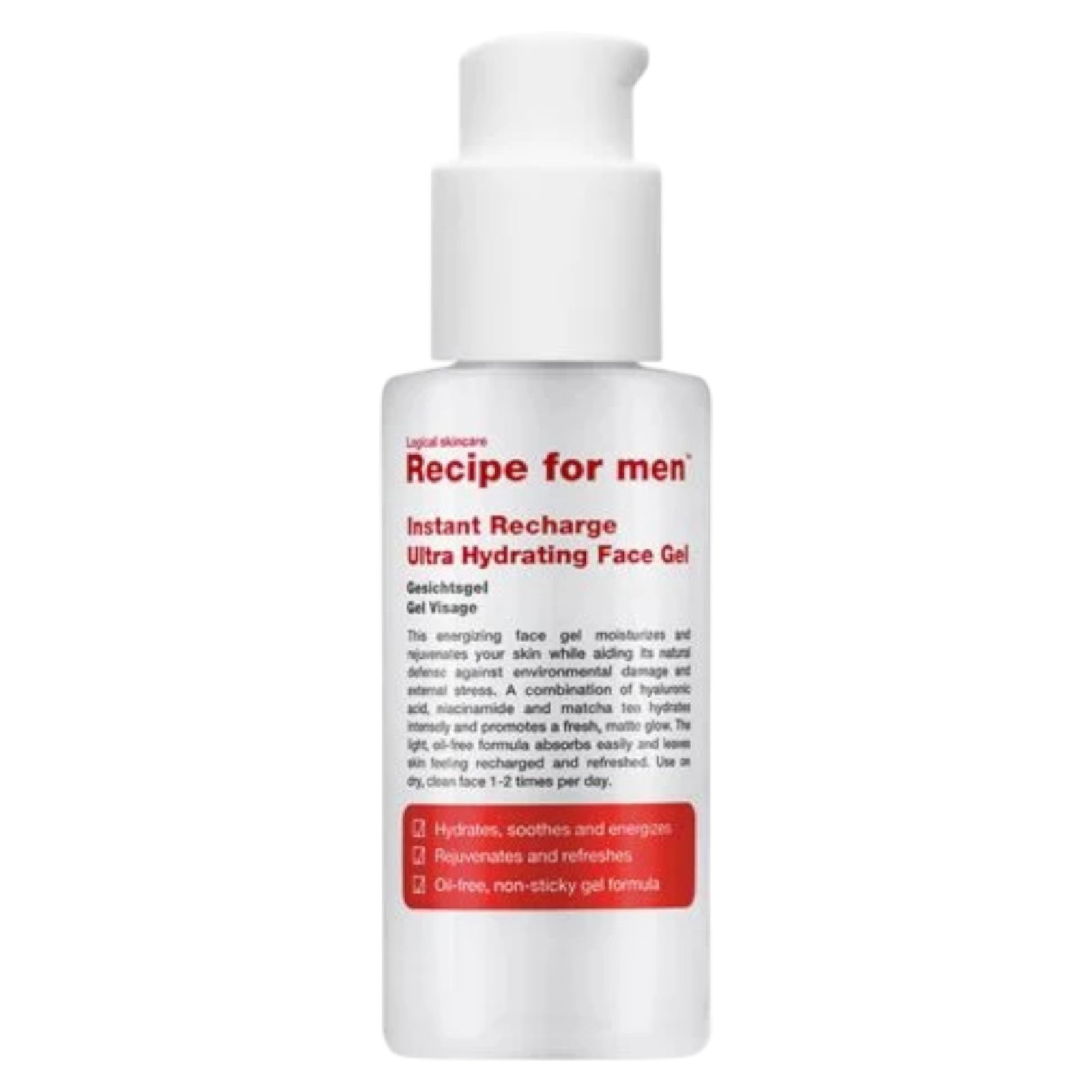 recipe-for-men-instant-recharge-hyaluronic-acid-moisturizes-gel-face-75-ml-1761814710 Recipe For Men, Instant Recharge, Hyaluronzuur, Hydrateert, Gel, Gezicht, 75 ml - Afbeelding 1