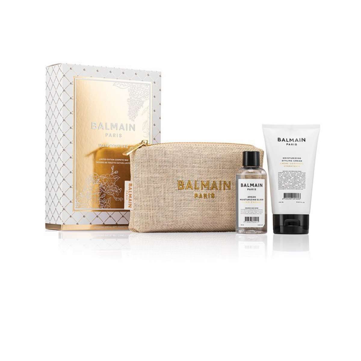 set-balmain-professionnel-argan-moisturising-elixir-hair-oil-for-nourishing-100-ml-moisturizing-hair-styling-cream-150-ml-balmain-professionnel-gwp-te Set Balmain Professionnel: Argan Moisturising Elixir, Hair Oil, For Nourishing, 100 ml + Moisturizing, Hair Styling Cream, 150 ml + Balmain Professionnel, GWP Textile Pouch, Light Brown - Afbeelding 1
