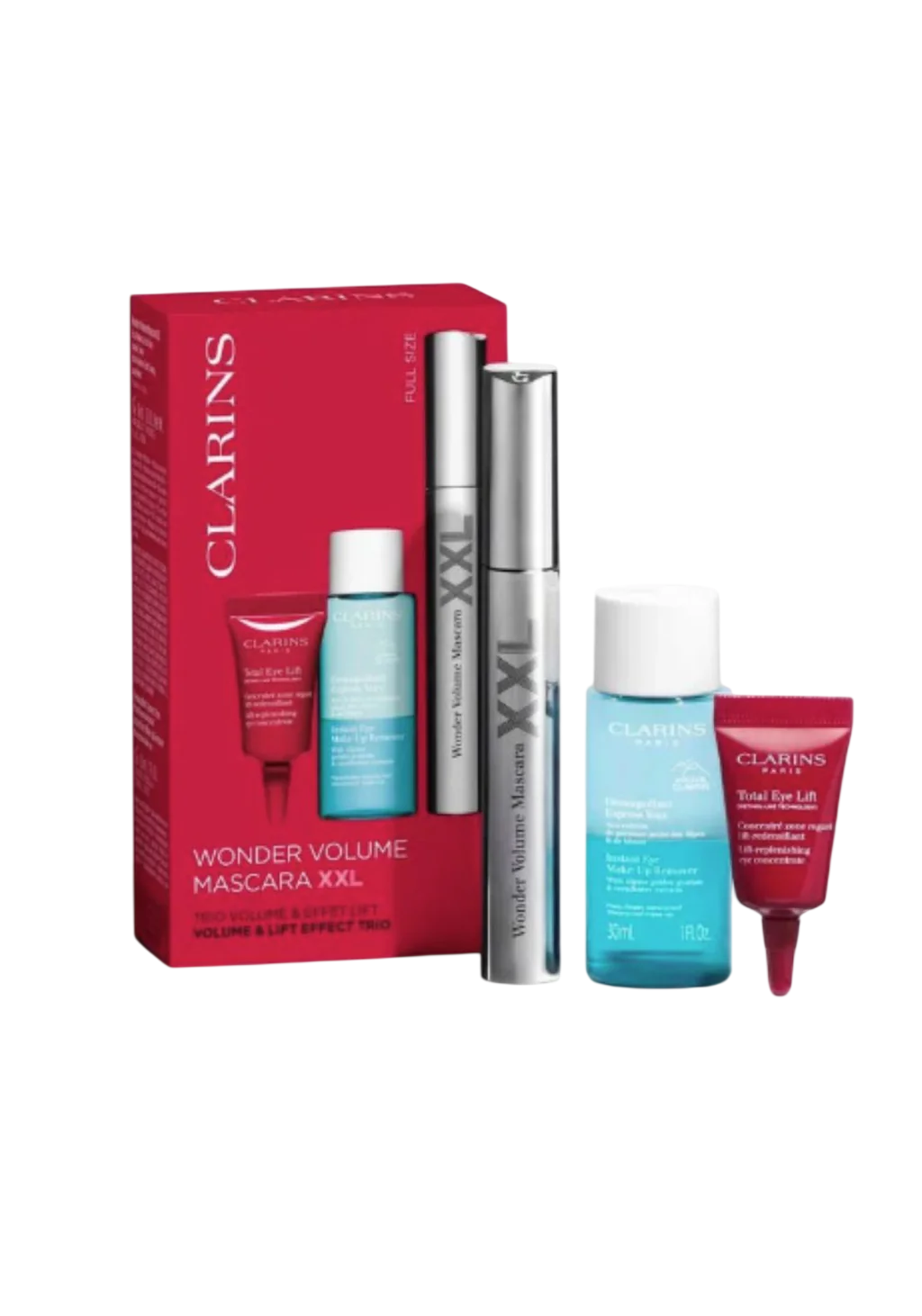set-clarins-instant-eye-makeup-remover-lotion-30-ml-wonder-volume-volumising-mascara-black-8-ml-total-eye-lifting-eye-cream-3-ml-1778752070 Set Clarins: Instant Eye, Makeup Remover Lotion, 30 ml + Wonder Volume, Volumising, Mascara, Black, 8 ml + Total Eye, Lifting, Eye Cream, 3 ml - Afbeelding 1