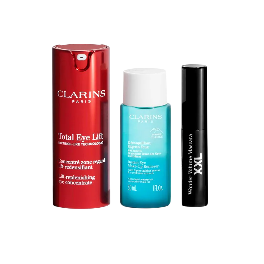 set-clarins-total-eye-lift-day-eye-serum-15-ml-instant-eye-makeup-remover-lotion-30-ml-wonder-volume-volumising-mascara-black-3-ml-miniature-178013412 Set Clarins: Total Eye, Lift, Day, Eye Serum, 15 ml + Instant Eye, Makeup Remover Lotion, 30 ml + Wonder Volume, Volumising, Mascara, Black, 3 ml *Miniature - Afbeelding 1