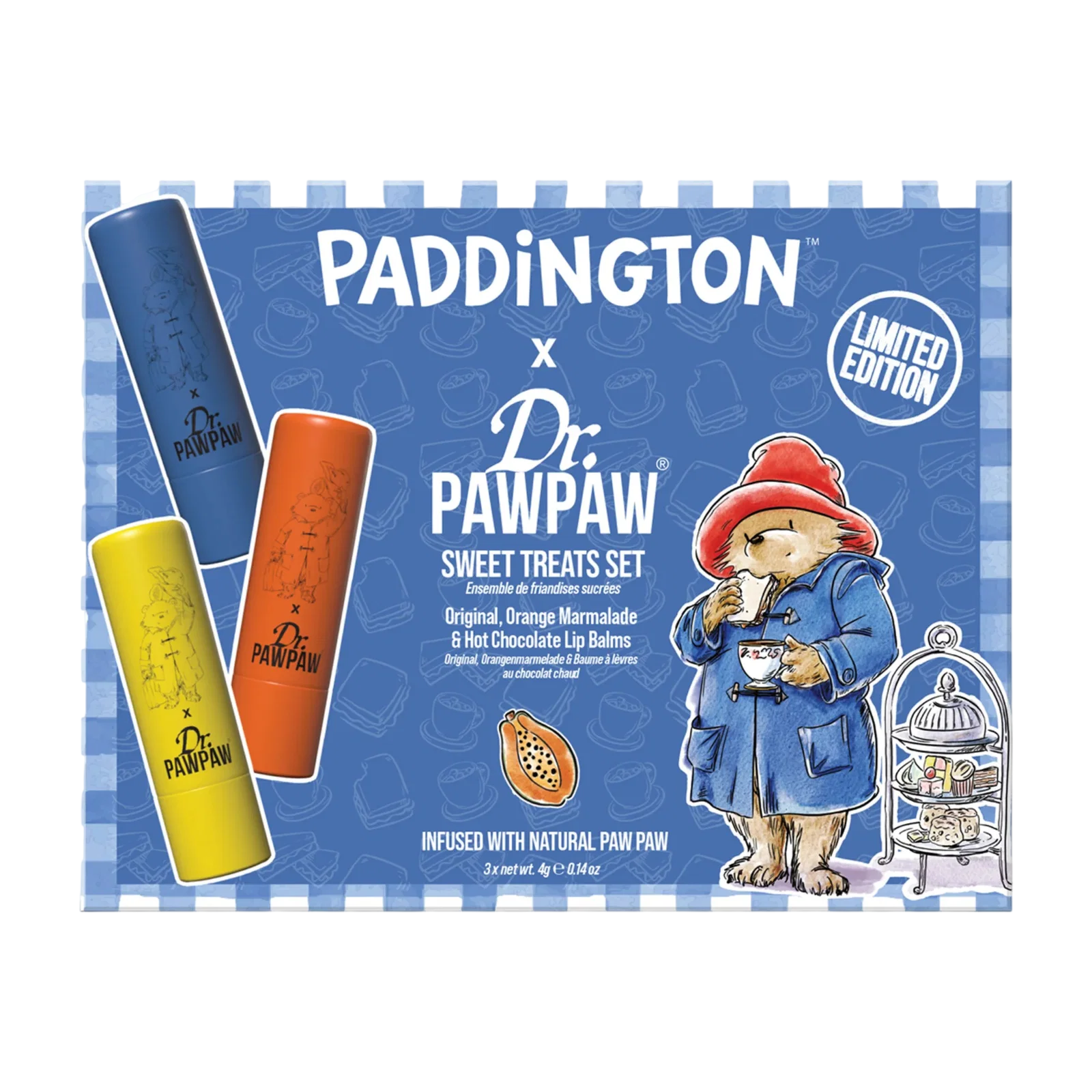set-dr-pawpaw-paddington-orange-marmalade-hydrating-lip-balm-4-g-paddington-bear-original-balm-vegan-lip-balm-4-g-hot-chocolate-hydrating-lip-balm-4-g Set Dr. PawPaw: Paddington Orange Marmalade, Hydrating, Lip Balm, 4 g + Paddington Bear Original Balm, Vegan, Lip Balm, 4 g + Hot Chocolate, Hydrating, Lip Balm, 4 g - Afbeelding 1