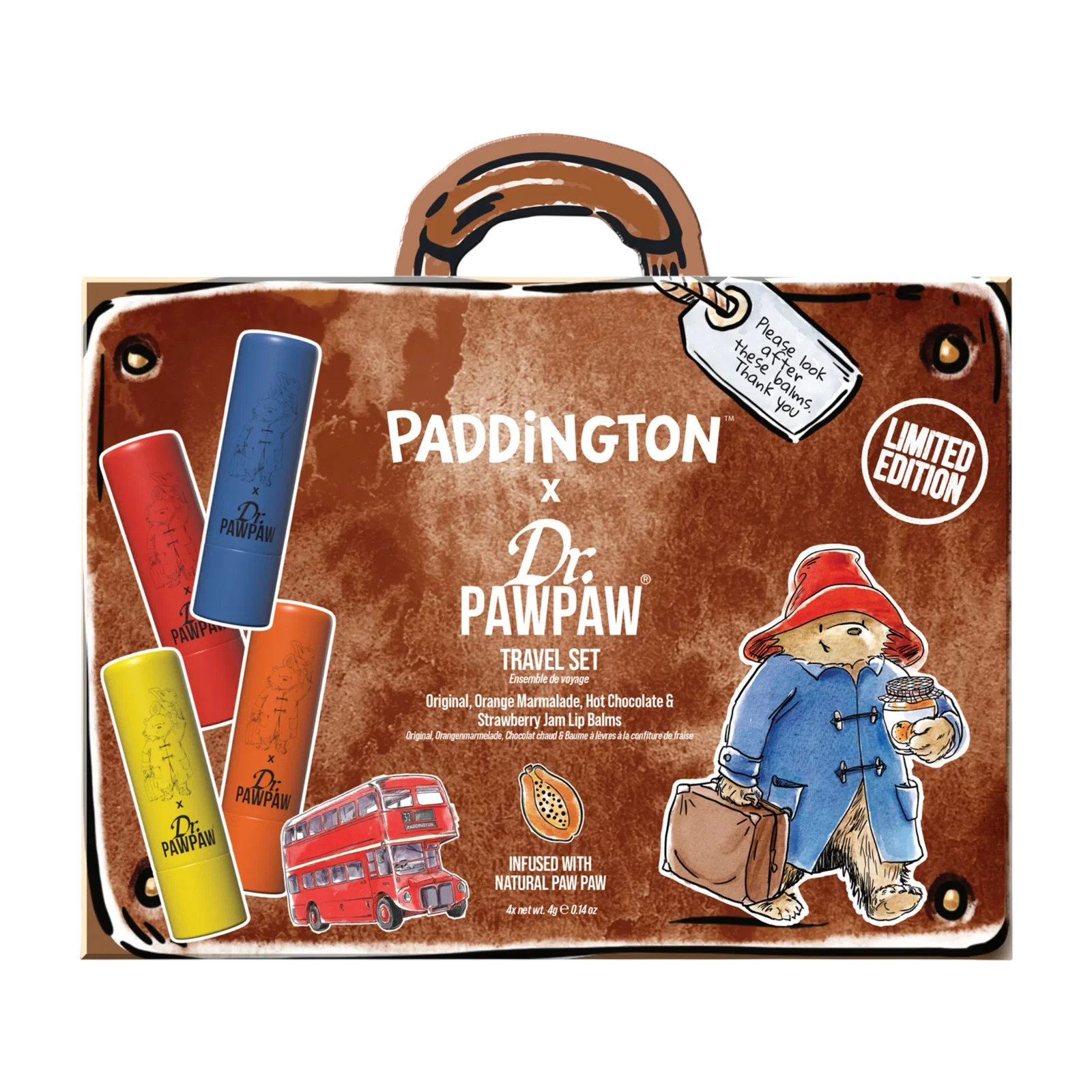 set-dr-pawpaw-paddington-orange-marmalade-hydrating-lip-balm-4-g-paddington-bear-original-balm-vegan-lip-balm-4-g-strawberry-jam-hydrating-lip-balm-4- Set Dr. PawPaw: Paddington Orange Marmalade, Hydrating, Lip Balm, 4 g + Paddington Bear Original Balm, Vegan, Lip Balm, 4 g + Strawberry Jam, Hydrating, Lip Balm, 4 g + Hot Chocolate, Hydrating, Lip Balm, 4 g - Afbeelding 1