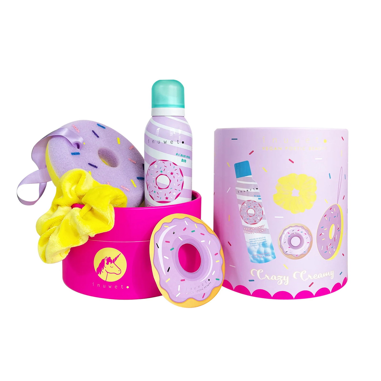 site tuju 2 - 25 Set Inuwet: Donut, Cleansing & Moisturising, Shower Mousse, 200 ml + Scrunchy, Hair Elastic + Donut, Body Sponge + Donut, Gift Sticker - Afbeelding 1