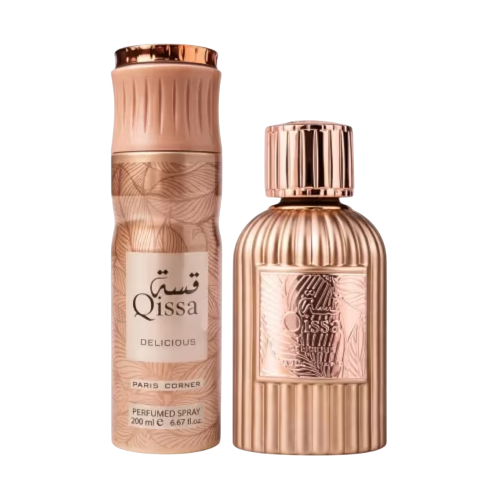 set-paris-corner-qissa-delicious-eau-de-parfum-for-women-100-ml-qissa-delicious-deodorant-spray-for-women-200-ml-1779949106 Set Paris Corner: Qissa Delicious, Eau De Parfum, For Women, 100 ml + Qissa Delicious, Deodorant Spray, For Women, 200 ml - Afbeelding 1