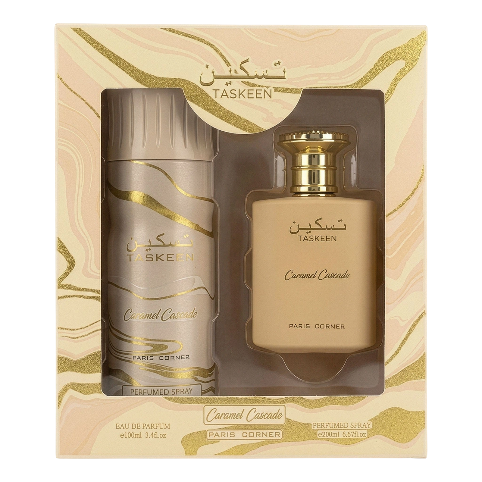 set-paris-corner-taskeen-caramel-cascade-eau-de-parfum-unisex-100-ml-taskeen-caramel-cascade-deodorant-spray-unisex-200-ml-1779949259 Set Paris Corner: Taskeen Caramel Cascade, Eau De Parfum, Unisex, 100 ml + Taskeen Caramel Cascade, Deodorant Spray, Unisex, 200 ml - Afbeelding 1