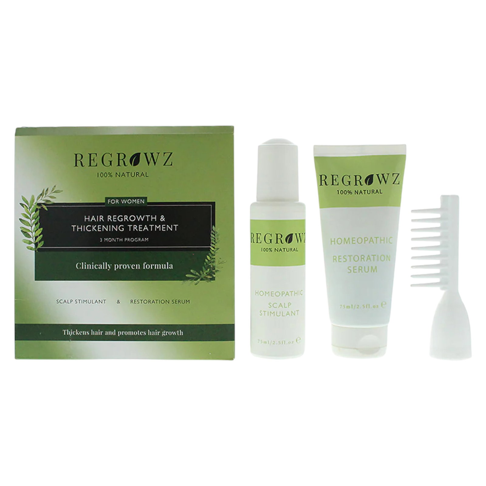 set-regrowz-homeopathic-scalp-serum-restorative-75-ml-homeopathic-scalp-cream-treatment-hydrate-protect-75-ml-homeopathic-mini-hair-brush-white-176155 Set Regrowz: Homeopathic, Scalp Serum, Restorative, 75 ml + Homeopathic, Scalp Cream Treatment, Hydrate & Protect, 75 ml + Homeopathic, Mini, Hair Brush, White - Afbeelding 1