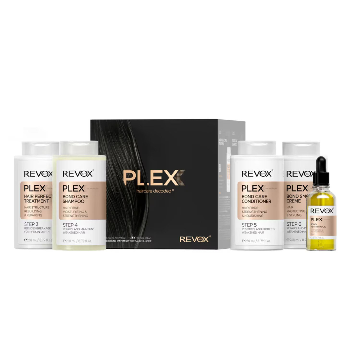 set-revox-b77-plex-bond-step-4-hair-shampoo-for-strengthening-260-ml-plex-bond-step-5-hair-conditioner-restores-260-ml-plex-bond-step-7-hair-oil-treat Set Revox B77: Plex Bond Step 3, Hair Cream Treatment, Anti-Breakage, 260 ml + Plex Bond Step 4, Hair Shampoo, For Strengthening, 260 ml + Plex Bond Step 5, Hair Conditioner, Restores, 260 ml + Plex Bond Step 6, Hair Cream Treatment, Repairing, 260 ml + Plex Bond Step 7, Hair Oil Treatment, Bond Repair, 30 ml - Afbeelding 1