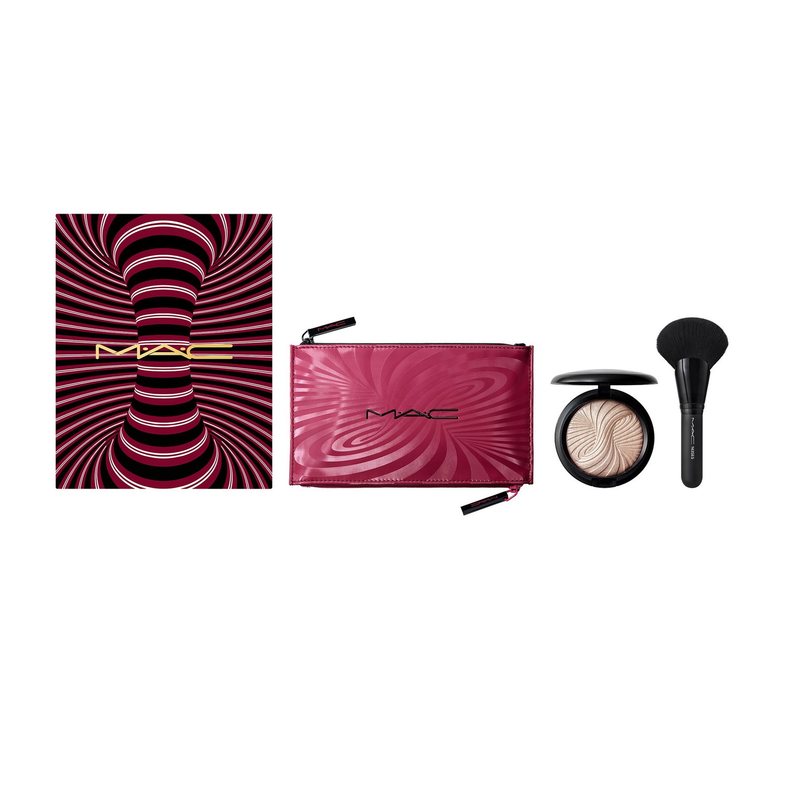 trick-of-the-light-extra-dimension-skinfinish-kit-set-mac-makeup-bag-burgundy-mac-multi-face-brush-143s-extra-dimension-skinfinish-highlighter-powder- Trick Of The Light Extra Dimension Skinfinish Kit Set MAC: Textile Makeup Bag, Burgundy + MAC, Multi Face Brush, 143S + Extra Dimension Skinfinish, Highlighter Powder, Magnetic Attraction, 9 g - Afbeelding 1